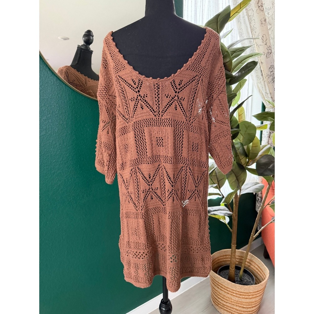 Zara Crochet Knit Sweater Dress Womens S Brown Bohemian Cottagecore Indie Boho - Picture 4 of 10
